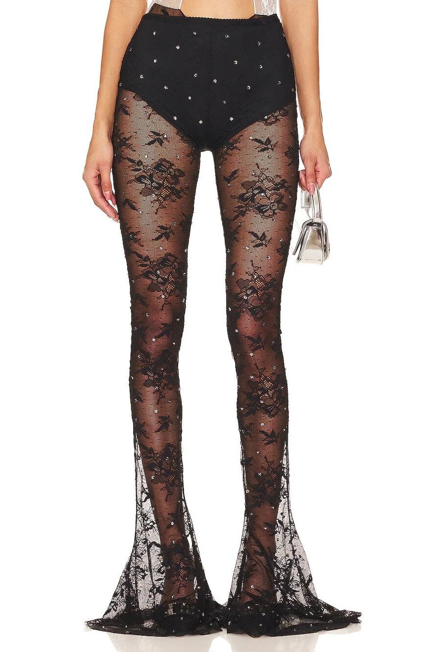Aniye Records Nina Pants Lace Embellished Rhinestone Party Evening Sheer NYE L